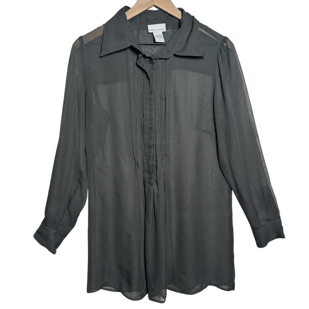Soft Surroundings Womens Medium Blouse Semi Sheer Long Sleeve Pleated Button Up